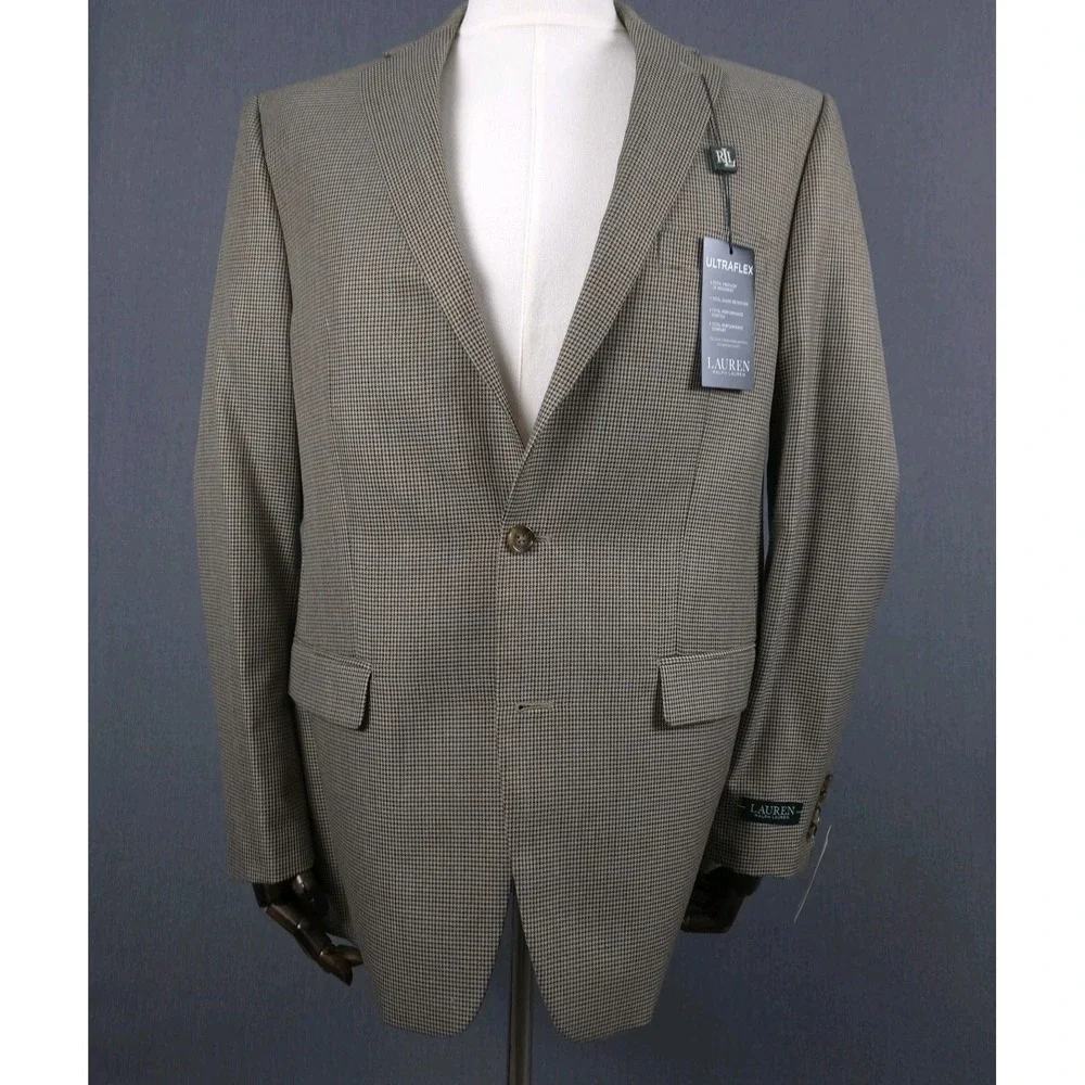 Lauren Ralph Lauren UltraFlex Blazer Mens 40 Long‎ Brown Houndstooth Jacket